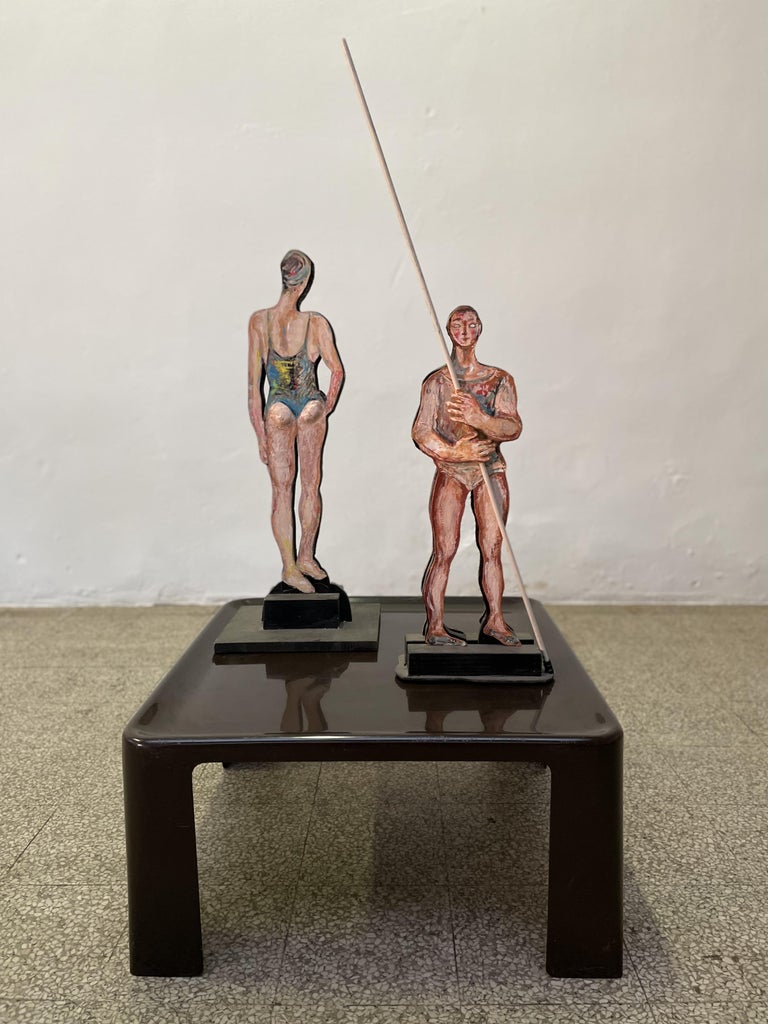 Giuseppe Bacci 'Aris Bacci's Son' "Woman & Man" Hand Painted Wood Sculptures