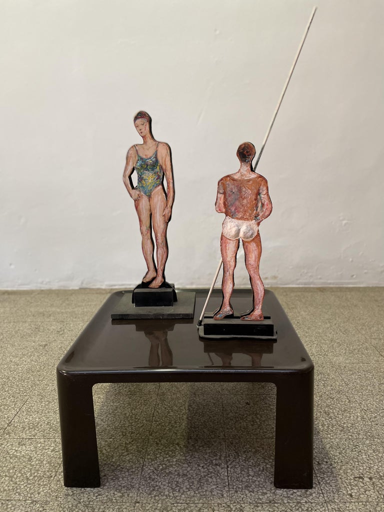 Giuseppe Bacci 'Aris Bacci's Son' "Woman & Man" Hand Painted Wood Sculptures