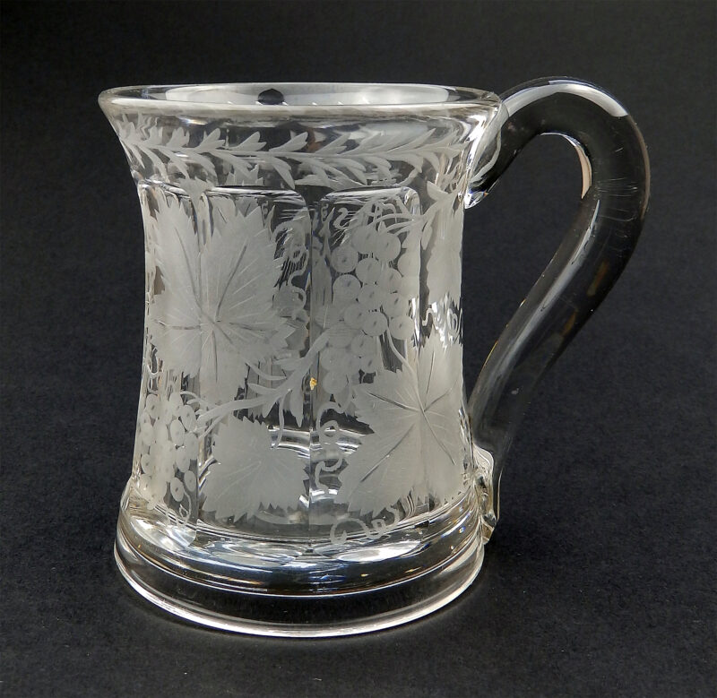 A good antique Victorian glass engraved vine hops & barley Beer Tankard C.19thC