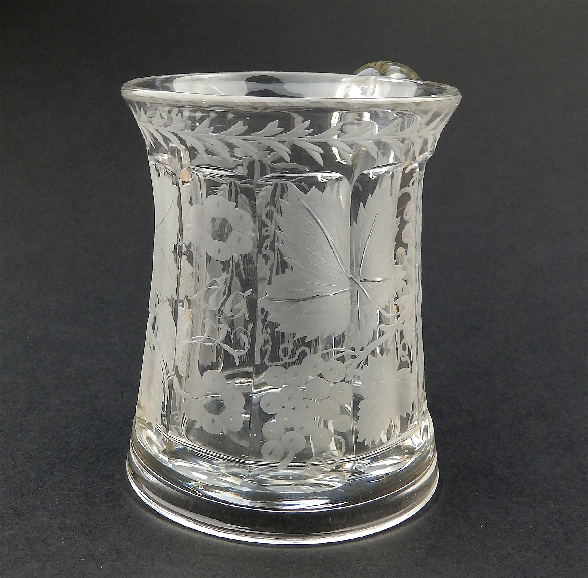 A good antique Victorian glass engraved vine hops & barley Beer Tankard C.19thC