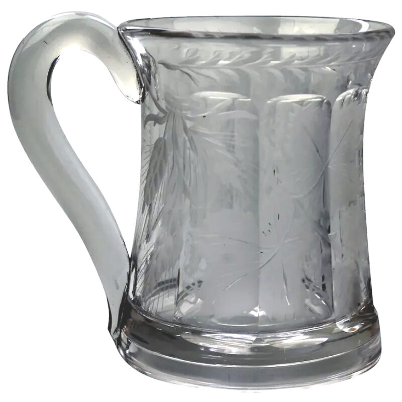 A good antique Victorian glass engraved vine hops & barley Beer Tankard C.19thC