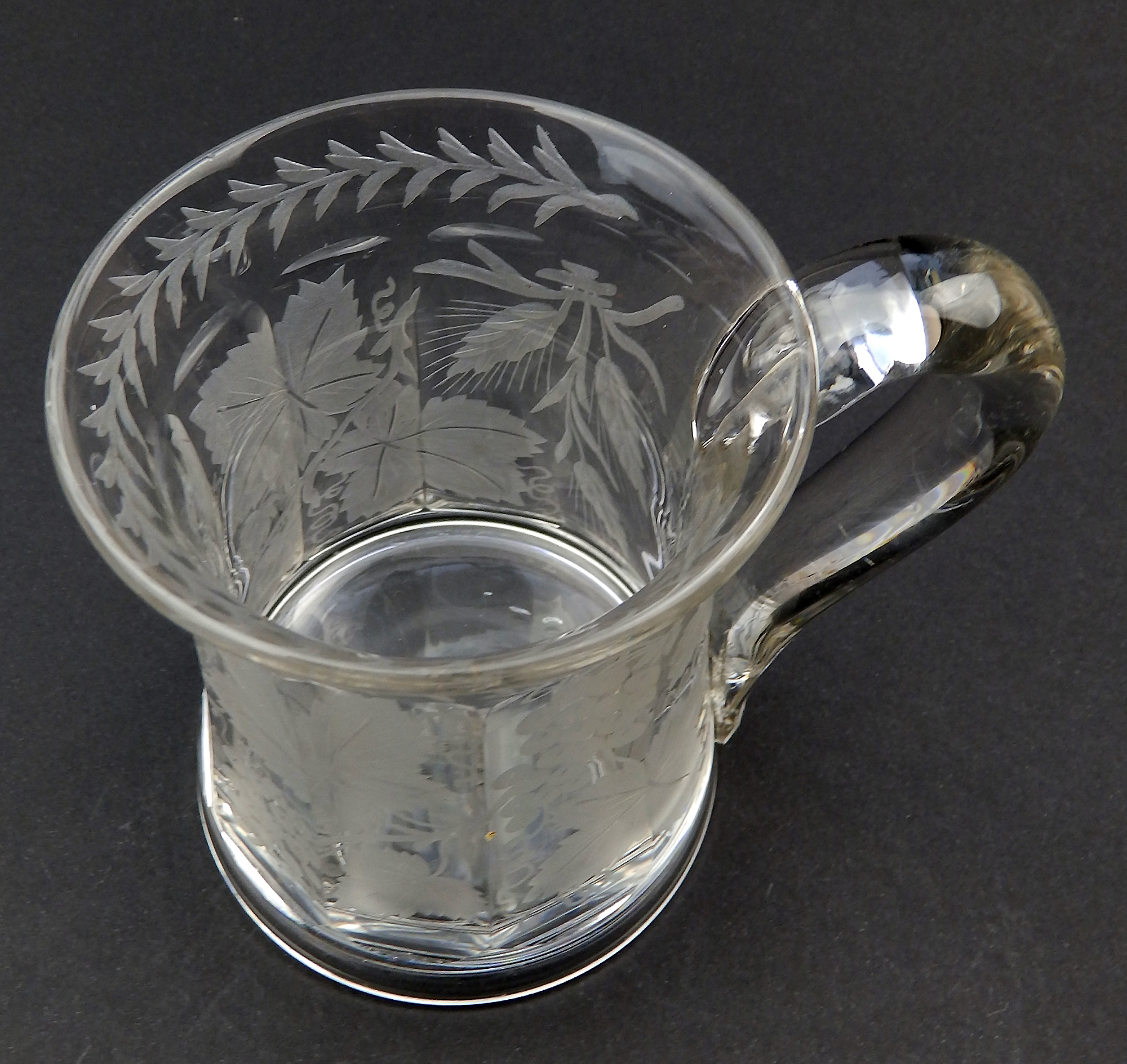 A good antique Victorian glass engraved vine hops & barley Beer Tankard C.19thC