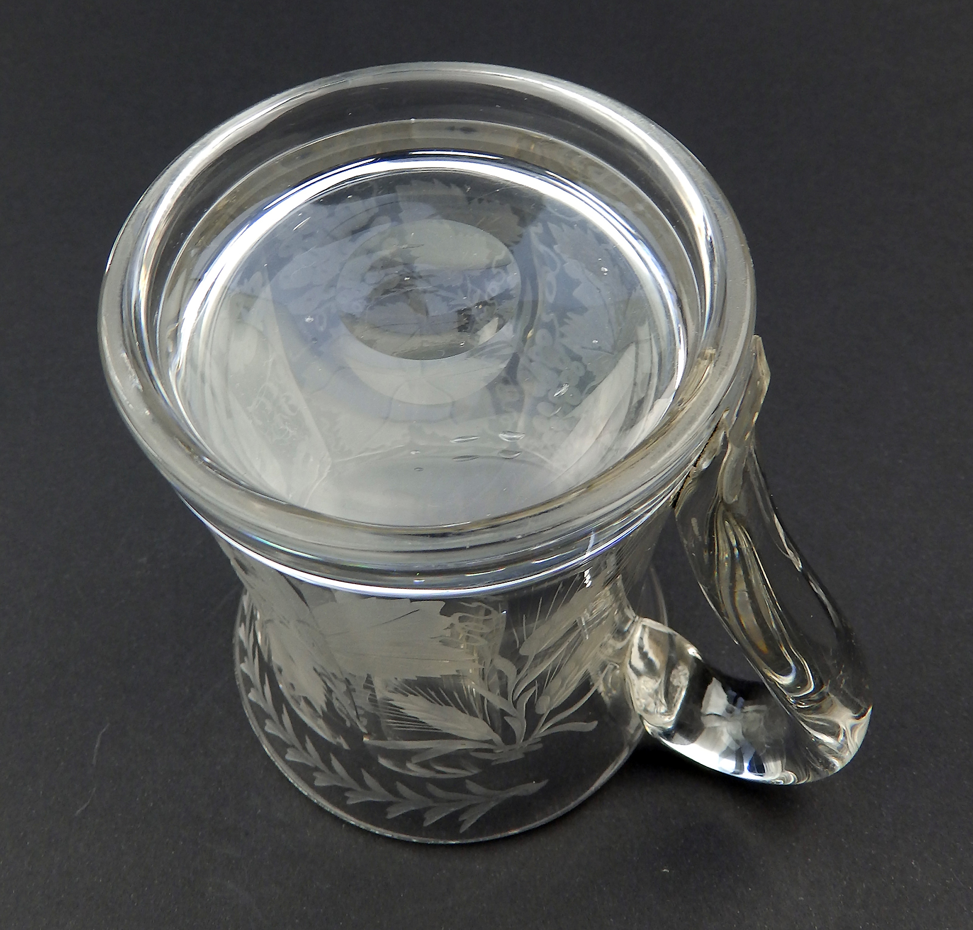 A good antique Victorian glass engraved vine hops & barley Beer Tankard C.19thC