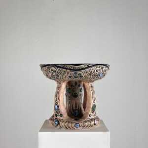 Hand-Painted Ceramic "Amphora" Czech Riser with Precious Gem Accents, 1930s