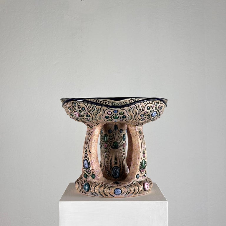 Hand-Painted Ceramic "Amphora" Czech Riser with Precious Gem Accents, 1930s