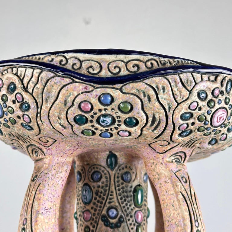 Hand-Painted Ceramic "Amphora" Czech Riser with Precious Gem Accents, 1930s