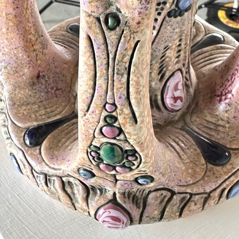 Hand-Painted Ceramic "Amphora" Czech Riser with Precious Gem Accents, 1930s