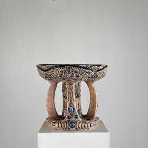 Hand-Painted Ceramic "Amphora" Czech Riser with Precious Gem Accents, 1930s
