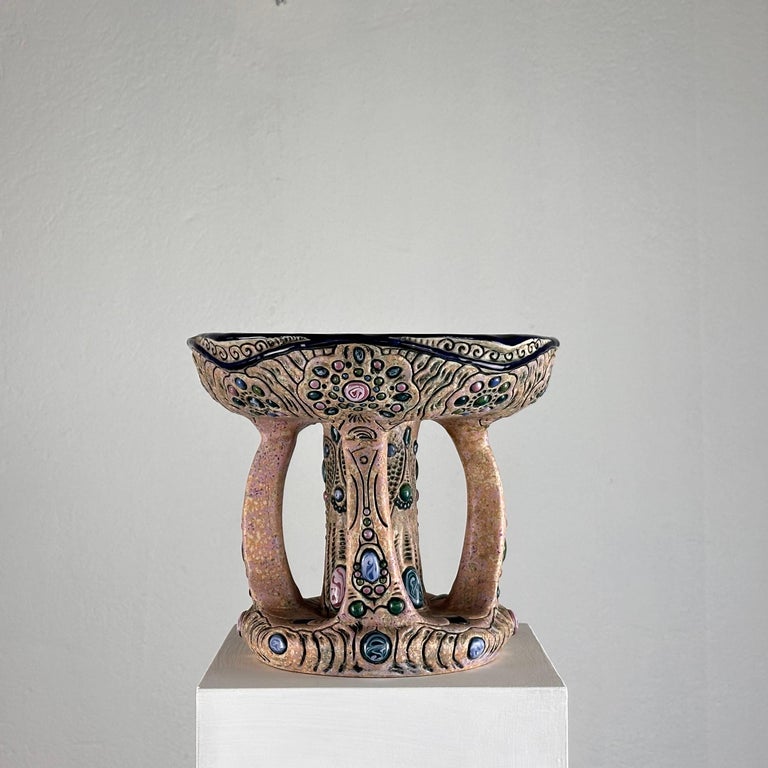 Hand-Painted Ceramic "Amphora" Czech Riser with Precious Gem Accents, 1930s