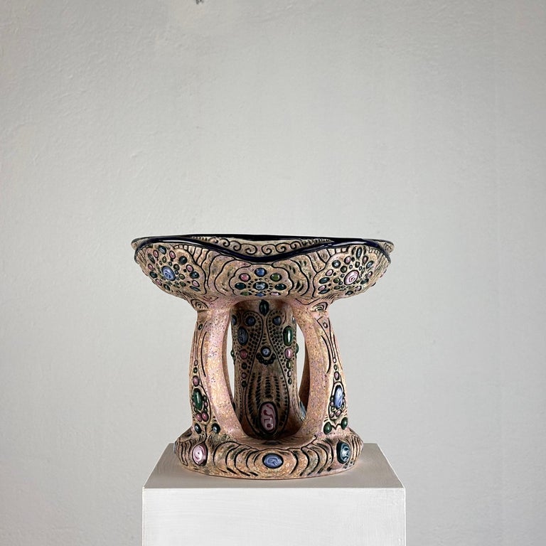 Hand-Painted Ceramic "Amphora" Czech Riser with Precious Gem Accents, 1930s