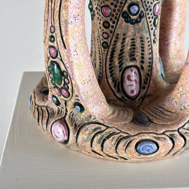 Hand-Painted Ceramic "Amphora" Czech Riser with Precious Gem Accents, 1930s