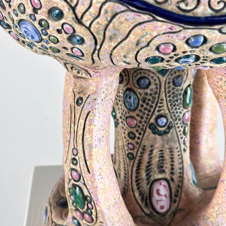 Hand-Painted Ceramic "Amphora" Czech Riser with Precious Gem Accents, 1930s