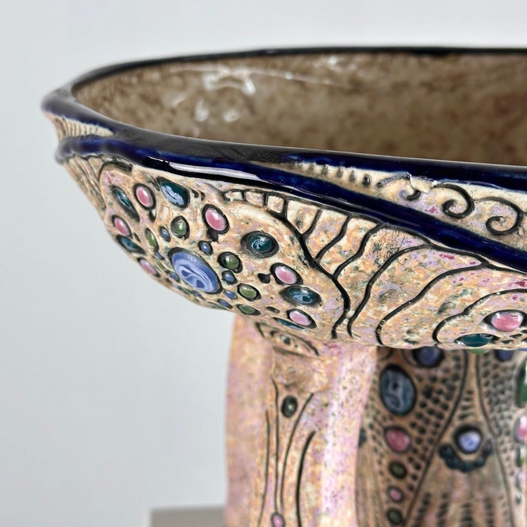 Hand-Painted Ceramic "Amphora" Czech Riser with Precious Gem Accents, 1930s