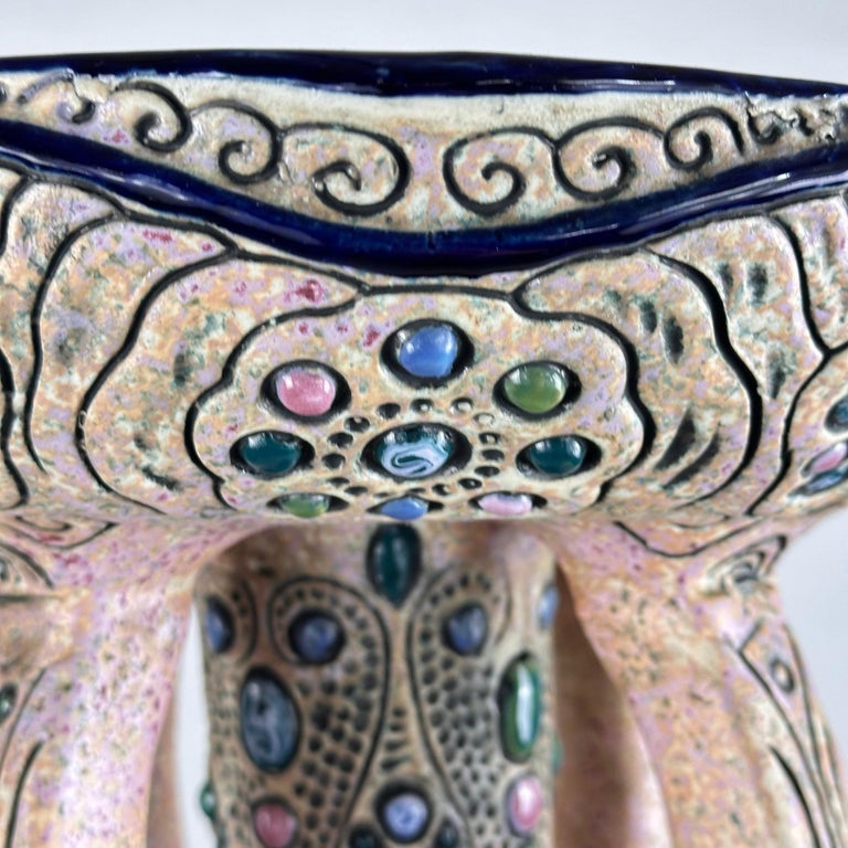 Hand-Painted Ceramic "Amphora" Czech Riser with Precious Gem Accents, 1930s