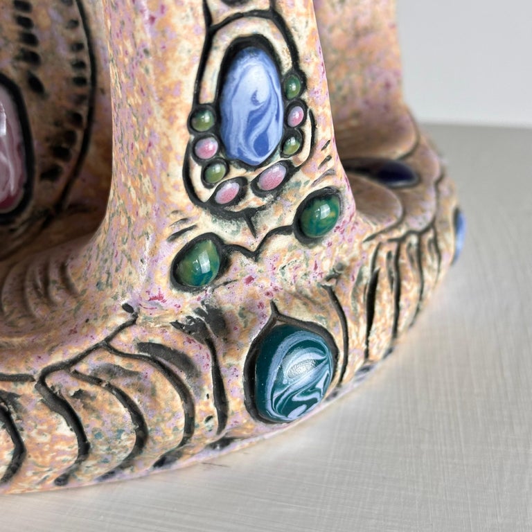 Hand-Painted Ceramic "Amphora" Czech Riser with Precious Gem Accents, 1930s