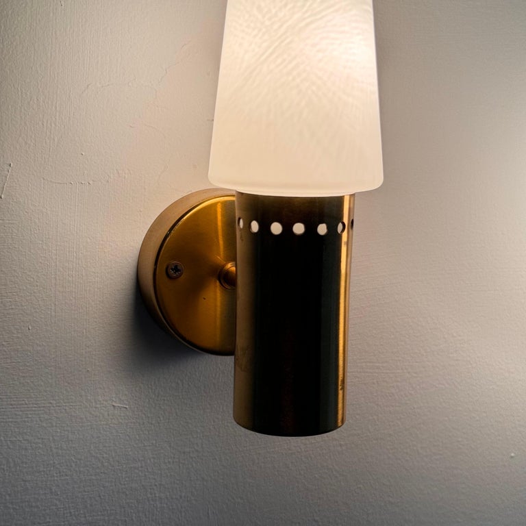 Hans-Agne Jakobsson Brass and White Opaline Glass Wall Lights, Sweden, 1960s