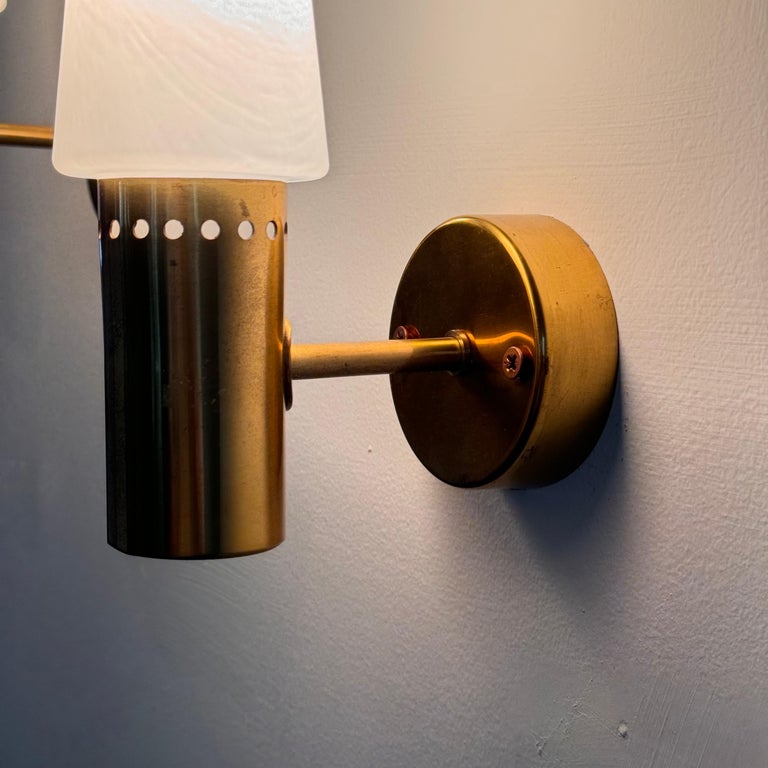 Hans-Agne Jakobsson Brass and White Opaline Glass Wall Lights, Sweden, 1960s