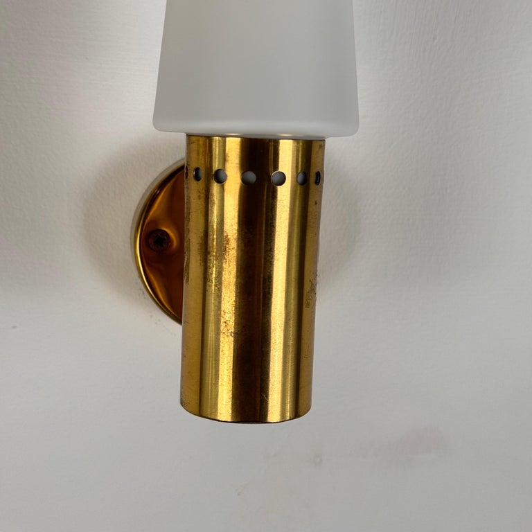 Hans-Agne Jakobsson Brass and White Opaline Glass Wall Lights, Sweden, 1960s