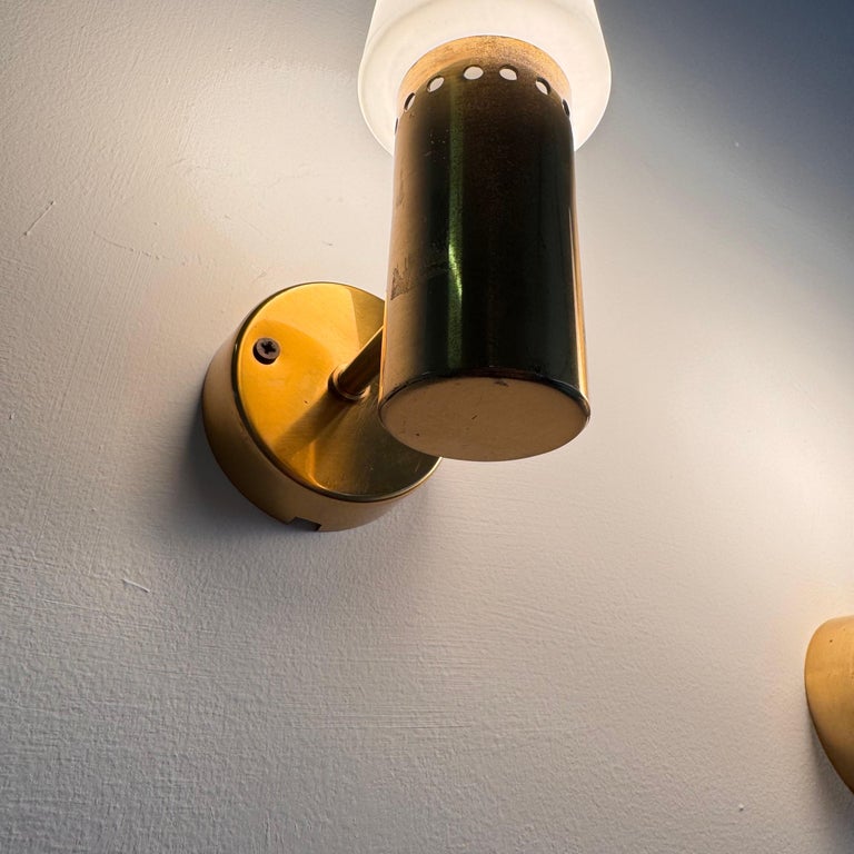 Hans-Agne Jakobsson Brass and White Opaline Glass Wall Lights, Sweden, 1960s