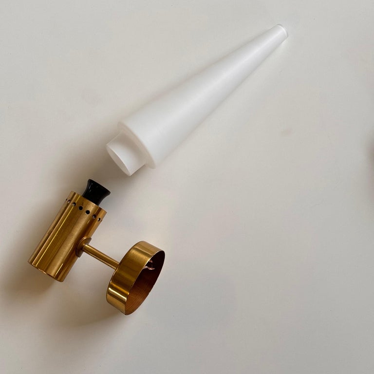 Hans-Agne Jakobsson Brass and White Opaline Glass Wall Lights, Sweden, 1960s