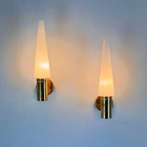 Hans-Agne Jakobsson Brass and White Opaline Glass Wall Lights, Sweden, 1960s