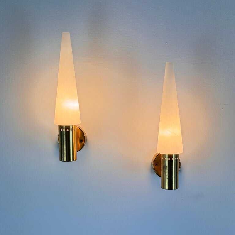 Hans-Agne Jakobsson Brass and White Opaline Glass Wall Lights, Sweden, 1960s