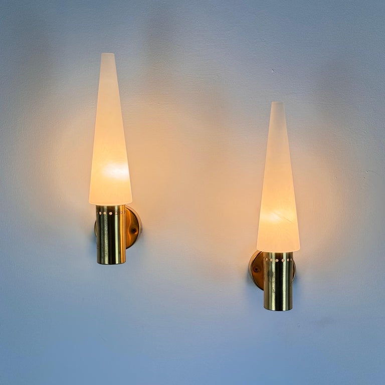 Hans-Agne Jakobsson Brass and White Opaline Glass Wall Lights, Sweden, 1960s