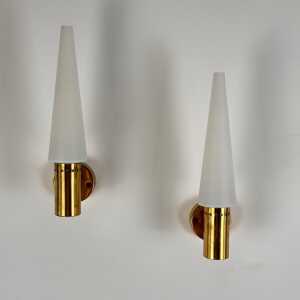 Hans-Agne Jakobsson Brass and White Opaline Glass Wall Lights, Sweden, 1960s