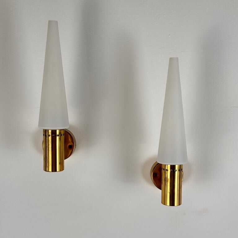 Hans-Agne Jakobsson Brass and White Opaline Glass Wall Lights, Sweden, 1960s