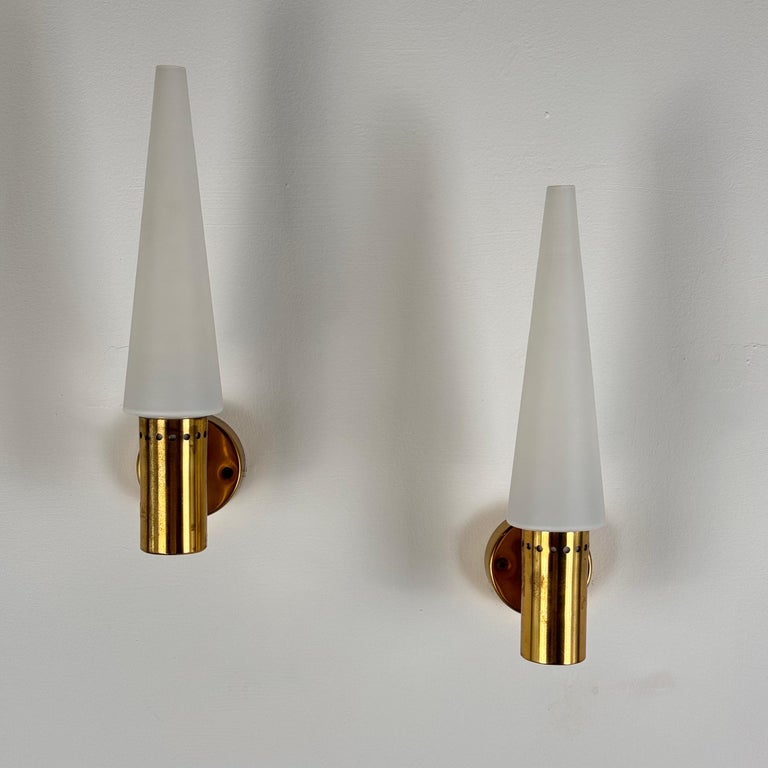 Hans-Agne Jakobsson Brass and White Opaline Glass Wall Lights, Sweden, 1960s