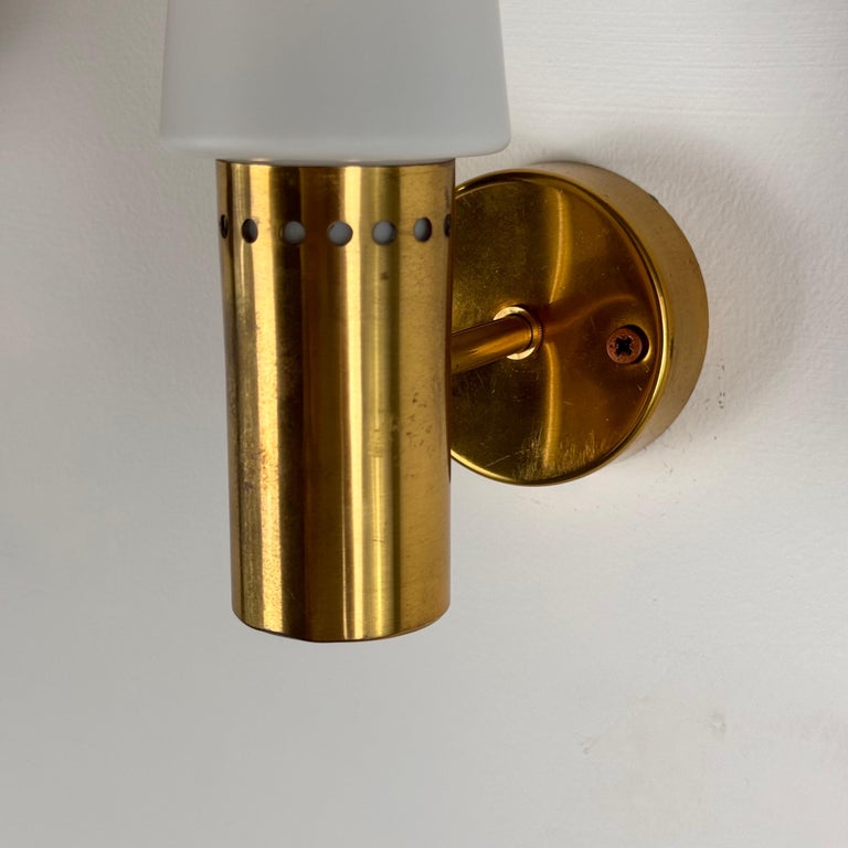 Hans-Agne Jakobsson Brass and White Opaline Glass Wall Lights, Sweden, 1960s