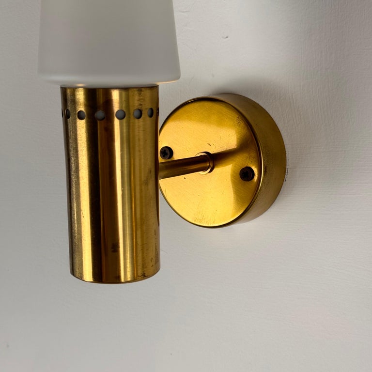 Hans-Agne Jakobsson Brass and White Opaline Glass Wall Lights, Sweden, 1960s