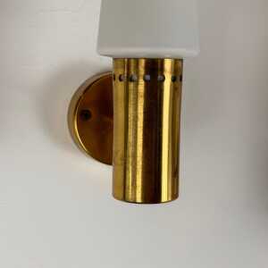 Hans-Agne Jakobsson Brass and White Opaline Glass Wall Lights, Sweden, 1960s