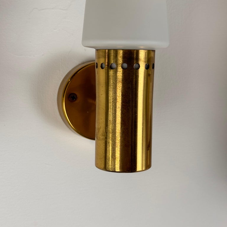 Hans-Agne Jakobsson Brass and White Opaline Glass Wall Lights, Sweden, 1960s