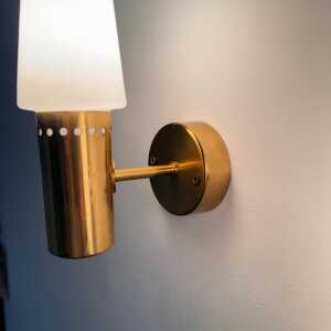 Hans-Agne Jakobsson Brass and White Opaline Glass Wall Lights, Sweden, 1960s