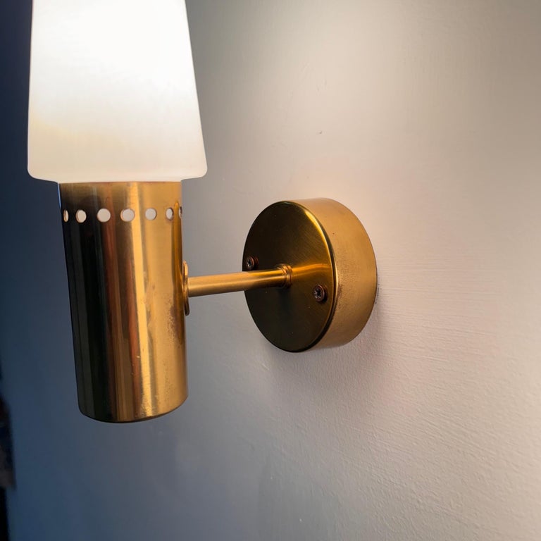 Hans-Agne Jakobsson Brass and White Opaline Glass Wall Lights, Sweden, 1960s