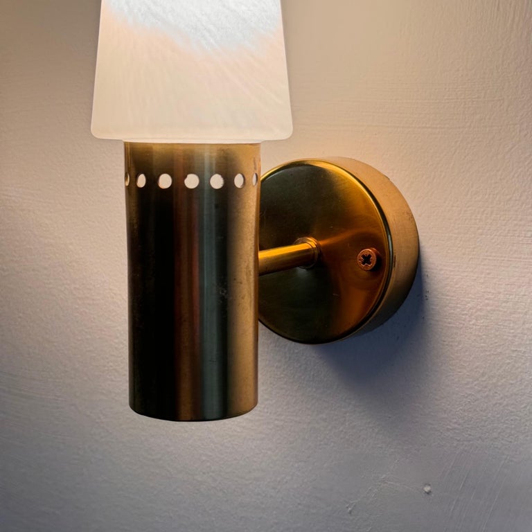 Hans-Agne Jakobsson Brass and White Opaline Glass Wall Lights, Sweden, 1960s