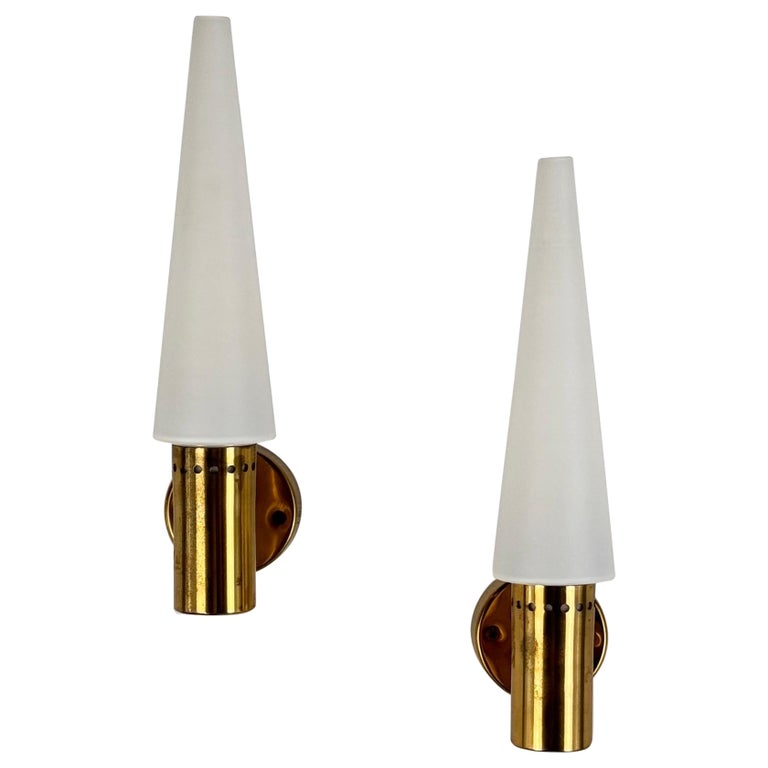 Hans-Agne Jakobsson Brass and White Opaline Glass Wall Lights, Sweden, 1960s