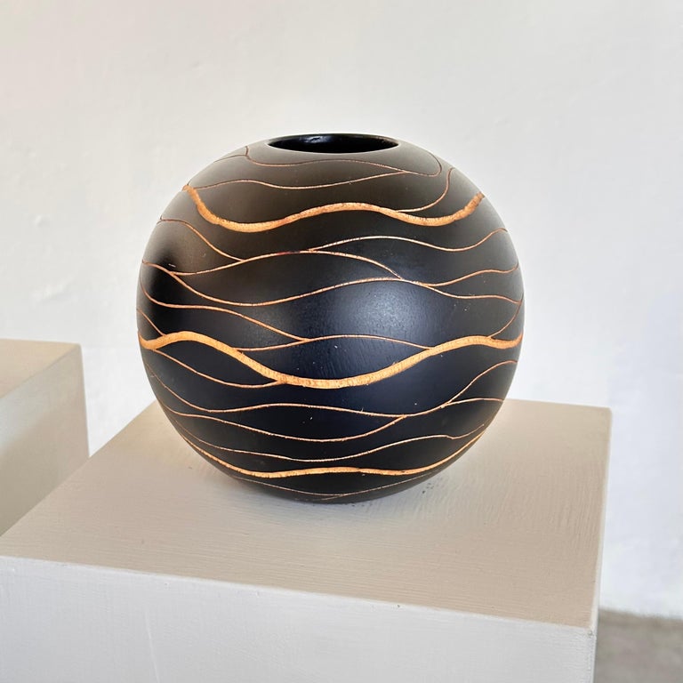 Italian Hand-Crafted Wooden Sphere Vases with Wavy Line Ornamentation, 1980s