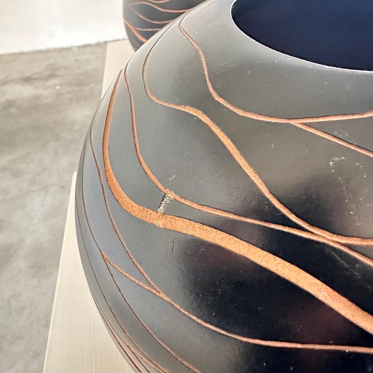 Italian Hand-Crafted Wooden Sphere Vases with Wavy Line Ornamentation, 1980s