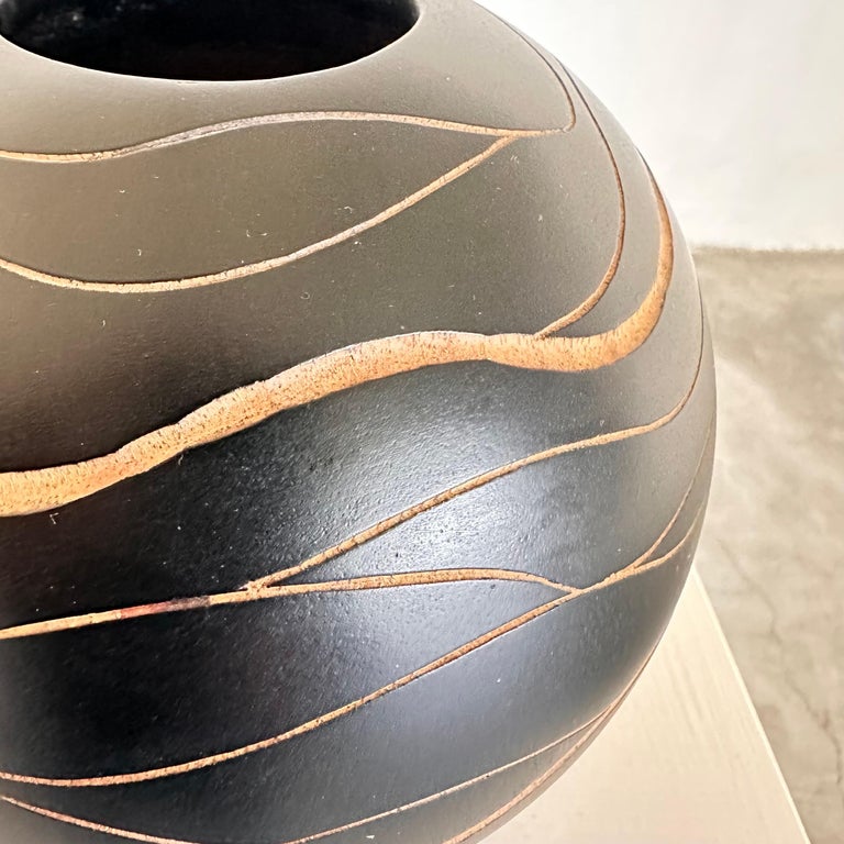Italian Hand-Crafted Wooden Sphere Vases with Wavy Line Ornamentation, 1980s