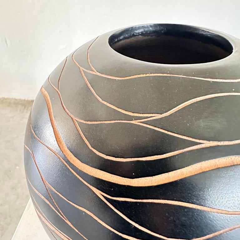 Italian Hand-Crafted Wooden Sphere Vases with Wavy Line Ornamentation, 1980s