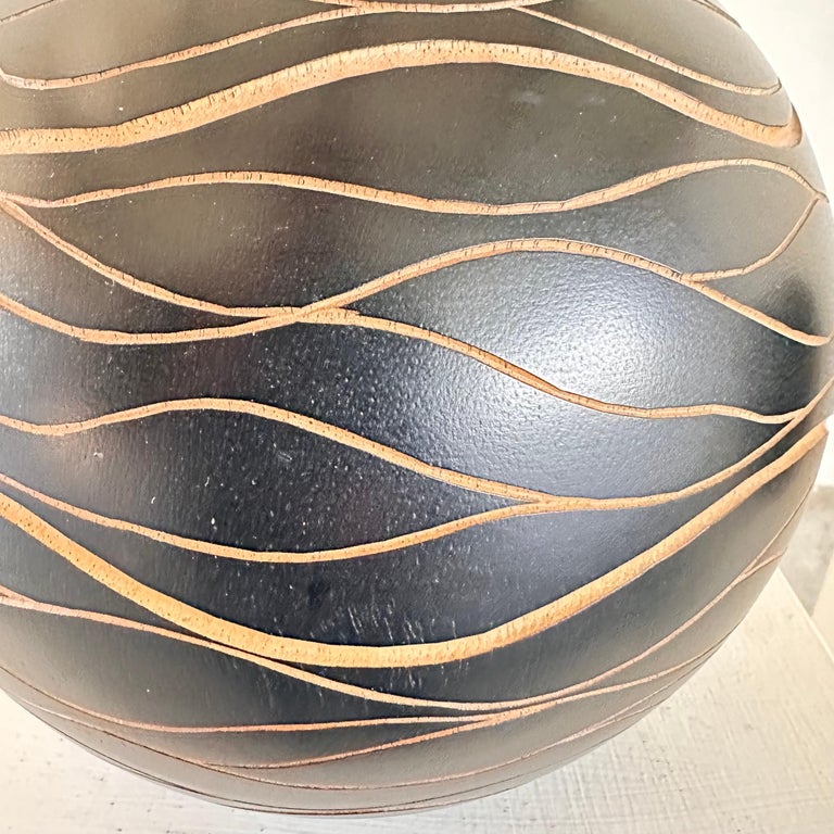 Italian Hand-Crafted Wooden Sphere Vases with Wavy Line Ornamentation, 1980s