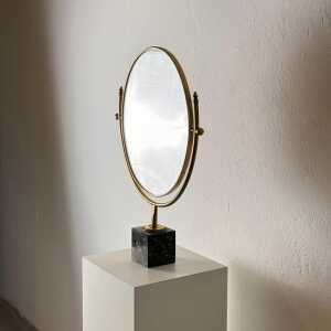 Large Adjustable Vanity Mirror in Brass with Italian Portoro Marble Base, 1960s