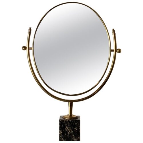 Large Adjustable Vanity Mirror in Brass with Italian Portoro Marble Base, 1960s