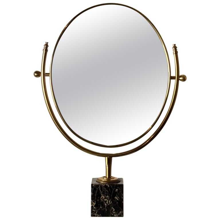 Large Adjustable Vanity Mirror in Brass with Italian Portoro Marble Base, 1960s