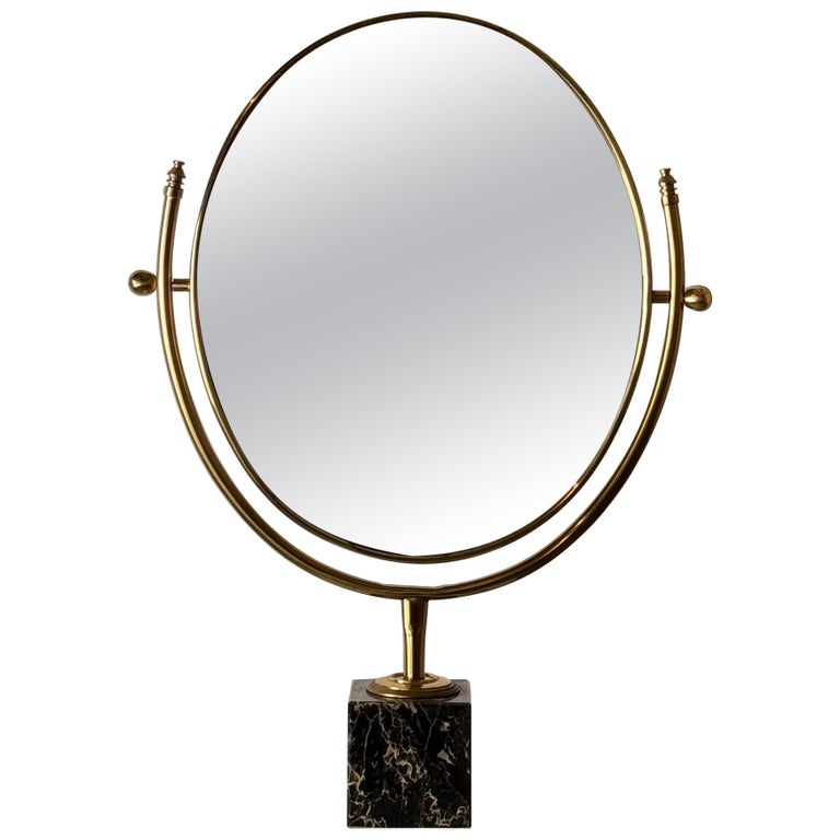 Large Adjustable Vanity Mirror in Brass with Italian Portoro Marble Base, 1960s