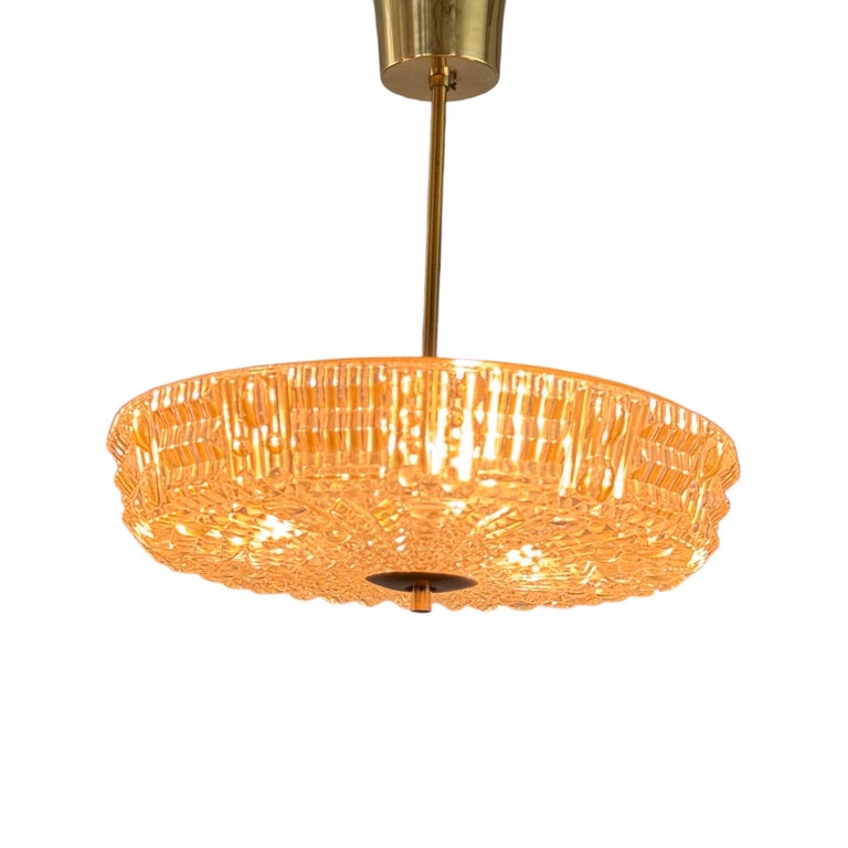 Orrefors Brass and Crystal Ceiling Lamps by Carl Fagerlund, Sweden, 1960s