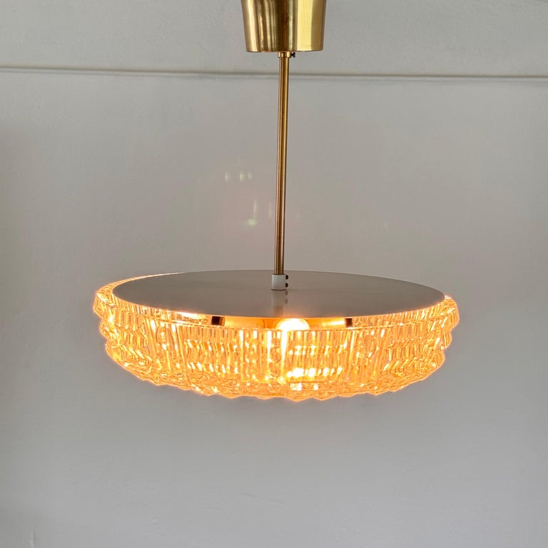 Orrefors Brass and Crystal Ceiling Lamps by Carl Fagerlund, Sweden, 1960s