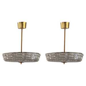 Orrefors Brass and Crystal Ceiling Lamps by Carl Fagerlund, Sweden, 1960s